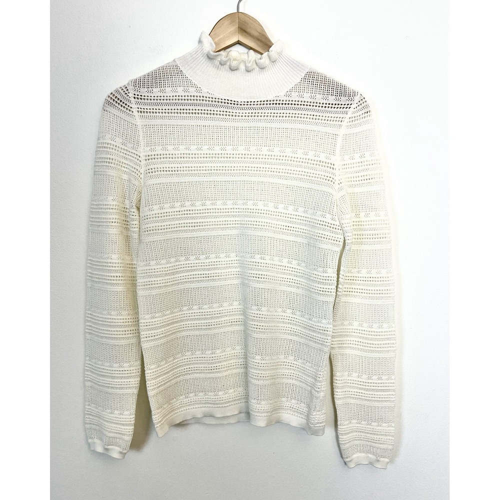 SEZANE Ecru Pointelle Openwork Ruffle Neck Merino Wool Cotton Sweater M - Picture 2 of 11